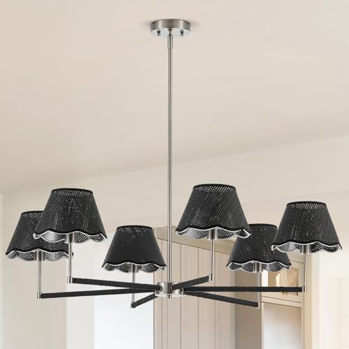 39" Boho Rattan Chandelier Large Adjustable Modern Black and Brushed Nickel Pendant Light for Kitchen Island Dining Living Room