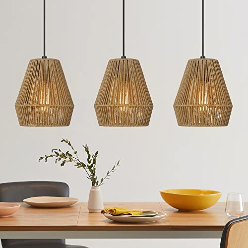 3 Pack Japandi Woven Pendant Lights 7” Modern Boho Hanging Lamp with Handwoven Rattan Shade (3 Count)