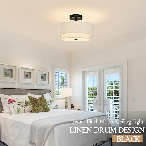 2 Light Semi Flush Mount Ceiling Light Fixture 12.6 Inch Modern Black Drum Ceiling Light Fixture with 2