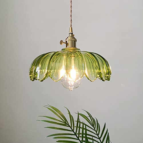 Green Glass Pendant Light Fixtures Medium 9.8 Inches Lampshade Gold Brass Finish and Switch Vintage Pendant Ceiling Lamp Copper Farmhouse Pendant Lighting
