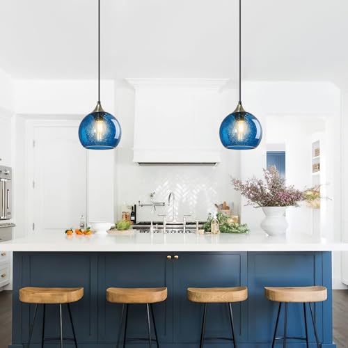Blue Glass Pendant Lights Kitchen Island Lighting Globe Pendant Light Fixtures Modern Pendant Lighting for Kitchen Island Bedroom Living Dining Room Light Fixture (3 Count)