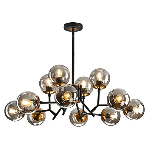 12-Light Mid-Century Modern Black Sputnik Chandelier with Glass Globe