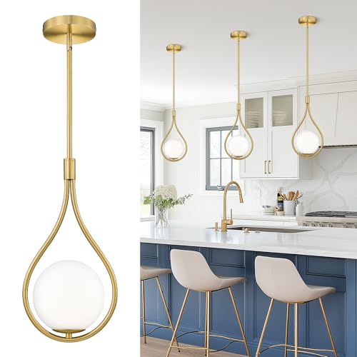 1 Light 8 Inch Glass Brushed Gold Pendant Lights Kitchen Island