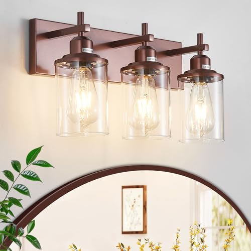 3 Light Bronze Bathroom Light Fixtures Over Mirror