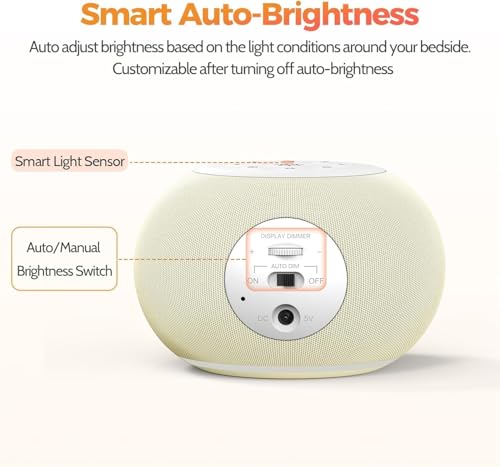 Auto Dimmable Sound Machine Alarm Clock with Night Light for Girls