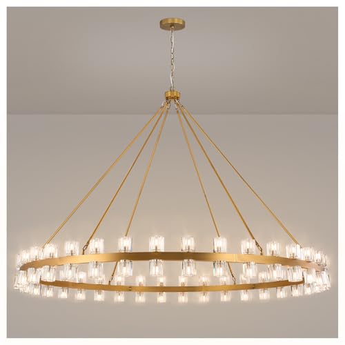 70 Inch Gold Wagon Wheel Chandelier with Crystal Shade