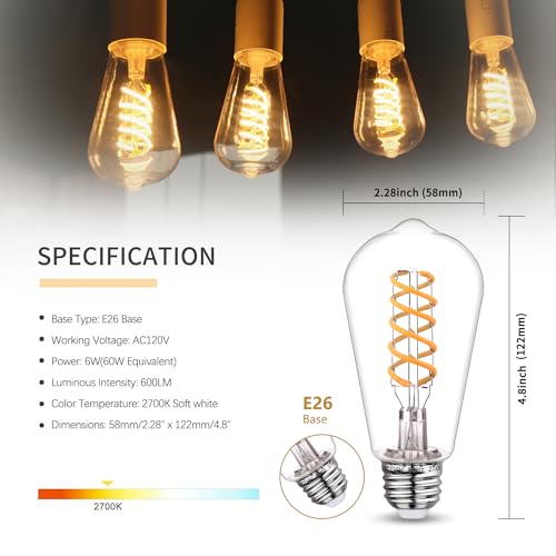 12 PCS ST58 Dimmable Spiral Vintage E26 LED Bulb 60 Watt LED Edison Bulbs (12 Count)