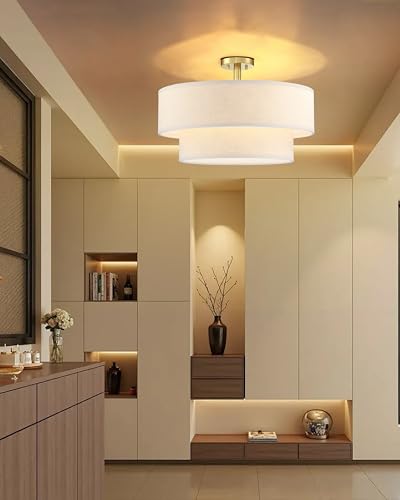 5 Light 24" Cream Fabric Gold Semi Flush Mount Close to Ceiling Light Fixture