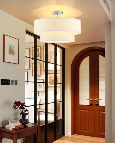 5 Light 22" Cream Fabric Brushed Nickel Semi Flush Mount Close to Ceiling Light Fixture