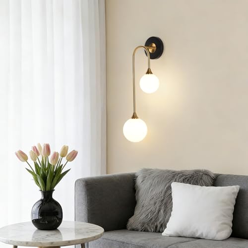 Mid Century Modern Wall Sconce Black and Gold Milk Glass Sconces with Double Ball Hardwired Wall Light for Bedside Bedroom Bathroom Living Room Corridor G9 Base