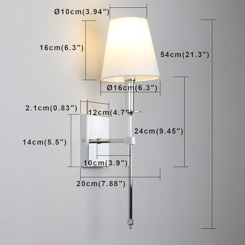 Set of 2 Classic Rustic Industrial Wall Sconce Lighting Fixture with Flared White Textile Lamp Shade and Chrome Tapered Column Stand (2 Count)