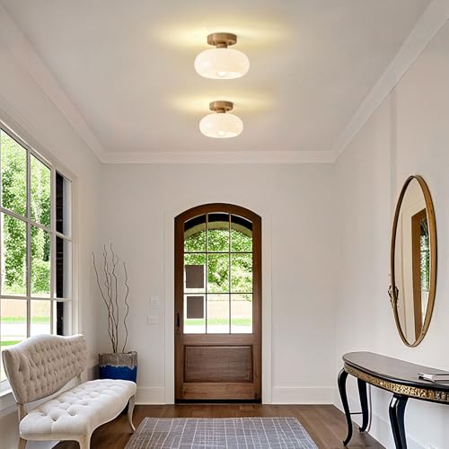 Mid Century Modern Faux Wood Semi Flush Ceiling Light 8.66 Inch