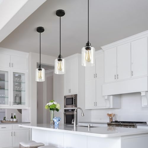 3 Lights Industrial Pendant Light with Glass Shade Matte Black Pendant Lighting Adjustable Industrial Retro Style Hanging Light (3 Count)