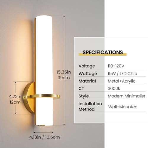 Wall Sconces 15 inch Gold Wall Sconces Set of Two Modern Bathroom Sconce 15W Dimmable LED Wall Sconce Light with Acrylic Lampshade