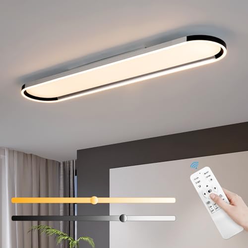 Modern LED Ceiling Light Dimmable Linear Ceiling Light 39.4in Semi Flush Mount Long Lights with Remote Control and Down Lighting for Living Room Kitchen Dining Room Black & Silver
