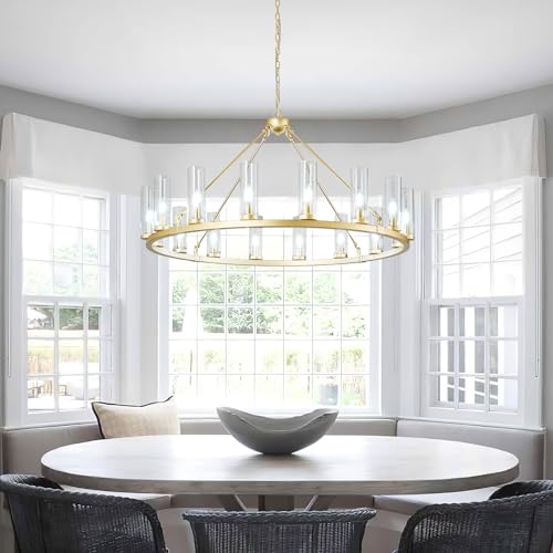 16 Light Large Wagon Wheel Chandelier with Clear Glass Shade Gold Round Pendant Light Farmhouse Industrial Chandeliers Dining Room Light Fixture for Stair Living Room Foyer Kitchen