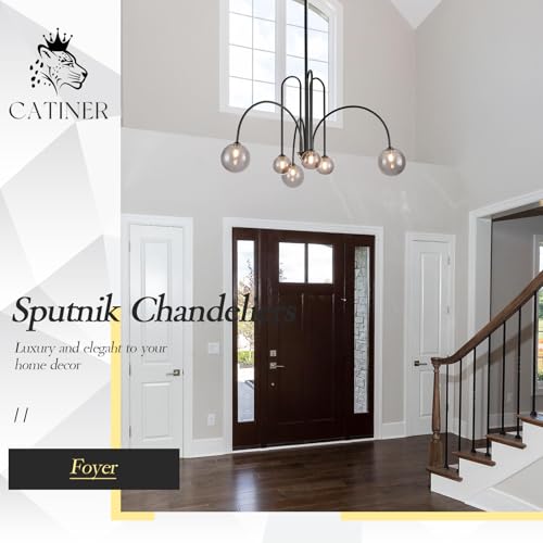Modern 40" 6 Light Black Sputnik Chandelier with Smoke Glass Globe