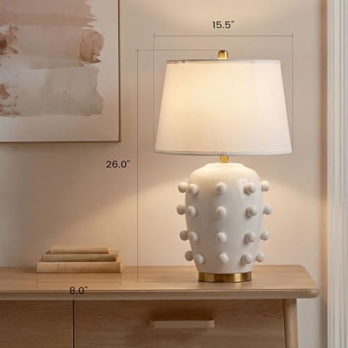26'' Modern White Ceramic Linden Table Lamp & Fabric Tapered Drum Shade with Brass Base for Living Room