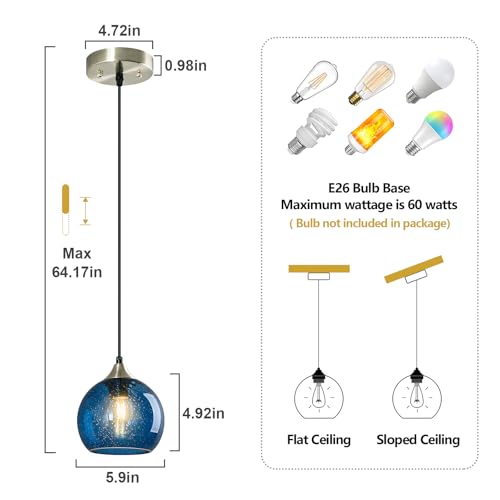 Blue Glass Pendant Lights Kitchen Island Lighting Globe Pendant Light Fixtures Modern Pendant Lighting for Kitchen Island Bedroom Living Dining Room Light Fixture (3 Count)
