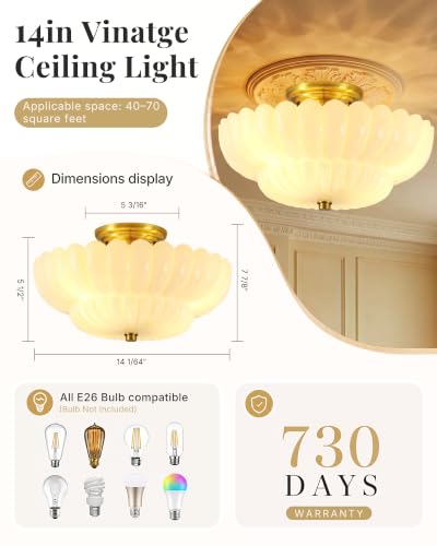 Semi Flush Mount Ceiling Light Fixture 14" Vinatge Gold Ceiling Lights Mid Century Modern Milk White Glass Close to Ceiling Lighting Fixtures for Bedroom Hallway Kitchen Laundry Room Bathroom