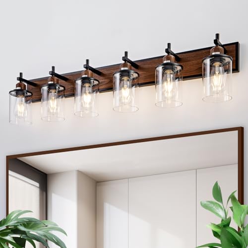 6 Light Farmhouse Bathroom Light Fixtures Vintage Bathroom Vanity Lights Over Mirror Black and Wood Painted Metal Vanity Light for Bathroom with Glass Shades E26 Socket