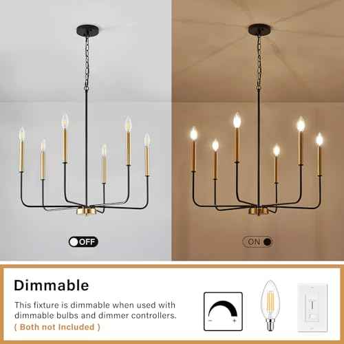 6-Light Black and Gold Dining Room Chandelier Light Fixture | Modern Farmhouse, Height Adjustable, Hanging Lights with Chain, For Living Room, High Ceiling Entryway, Bulbs Not Included