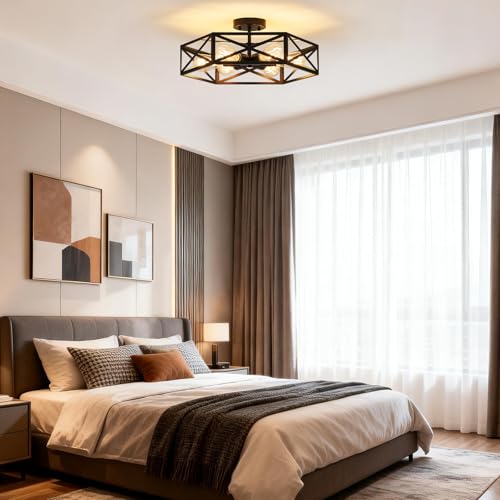 Modern Farmhouse Black Metal Semi Flush Mount Ceiling Light Fixture 19.7 in