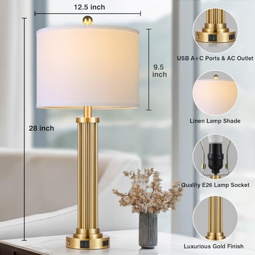 28" Tall Modern Table Lamp with USB C+A Ports and AC Outlet