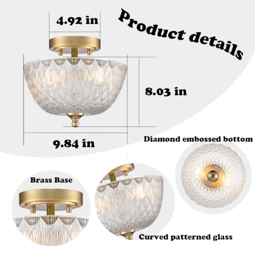 Gold Semi Flush Mount Ceiling Light with Clear Globe Glass Shade