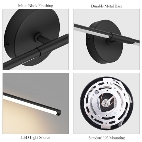 40In Hardwired Modern Wall Sconce for Bathroom Black Vanity Light Fixture 3000K Bathroom Sconce 360° Rotate Warm Light for Bedroom Living Room