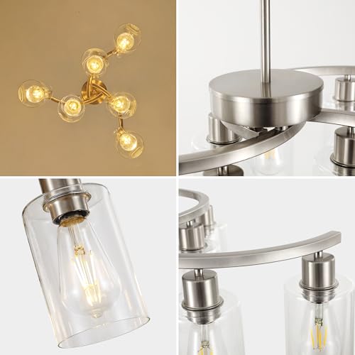 Sigaitwei 6 Light Farmhouse Brushed Nickel Chandelier,21.7" Modern Chandeliers for Dining Room Light Fixtures Over Table,Pendant Lights Kitchen Island,Metal Bracket with Downward Clear Glass Shade