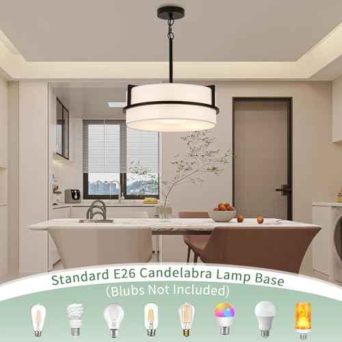 Modern Drum Chandelier for Dining Room 3 Light,15.7" Wide White Linen Drum Shade Ceiling Light Fixture,Pendant Lighting with Adjustble Hang Height Chandelier for Kitchen Islands Living Bedroom