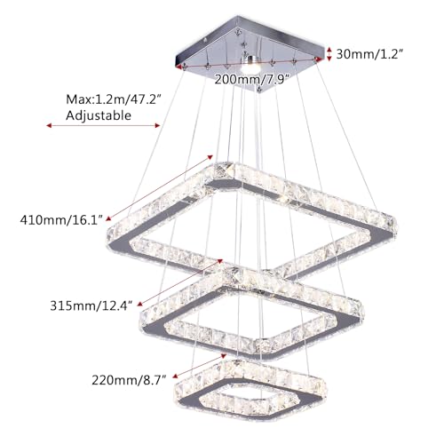 Square 3 Ring Crystal Chandelier Dimmable LED Pendant