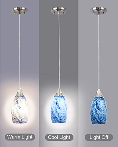 Mini Pendant Lights Kitchen Island White Blue Glass Lamp Shade Hand Blown Glass Pendant Light with Brush Nickel Finish Adjustable Cord for Kitchen Over Sink Hallway