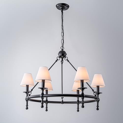 6 Lights W34in Vintage Matte Black Classic Lighting with White Pleated Fabric Chandeliers for Dining Room Mid Century Modern Large Round Ceiling Light for Classic Living Room