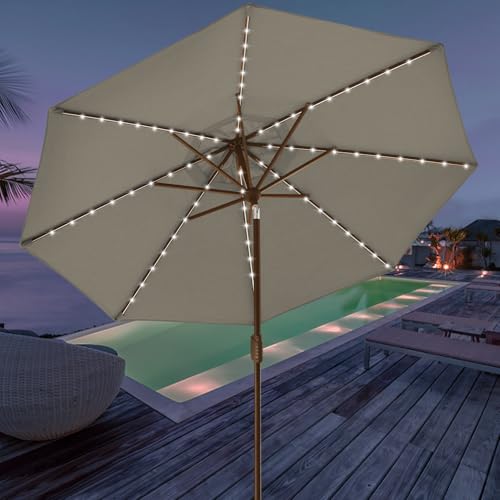 USA 10-Year-Non-Fading 9ft Market Patio Umbrella, Commercial Grade Table Sun Umbrella with 80 Solar LED Lights, Crank Open, Windproof & UPF 50+ UV Protection for Garden, Deck, Pool, Backyard, Taupe
