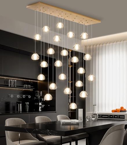 24 Lights Modern Crystal Rectangular Chandelier LED Raindrop Ceiling Pendant Light Crystal Lighting Fixture for Living Room Hotel Staircase Hallway Foyer Entryway Bedroom Gold (24 Count)