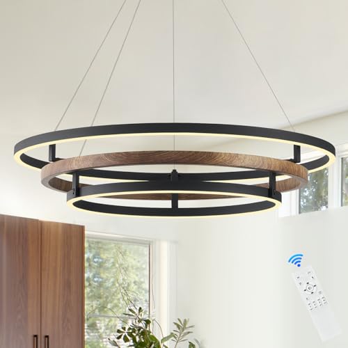 3 Ring LED Chandelier Modern Chandeliers Walnut Wood Black Dimmable 31''