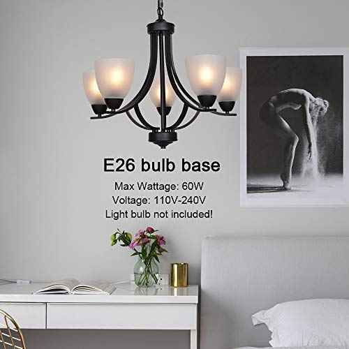 5 Light Shaded Contemporary Chandeliers with Alabaster Glass Black Rustic Light Fixtures Ceiling Hanging Mid Century Modern Pendant Lighting for Dining Room Foyer Bedroom Living Room