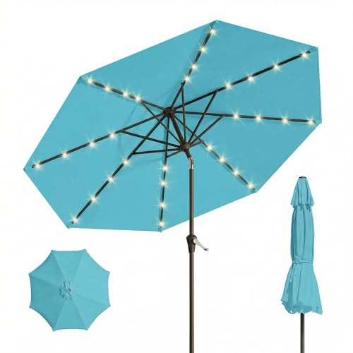 10FT Solar Umbrella 32 LED Lighted Patio Umbrella Table Market Umbrella w