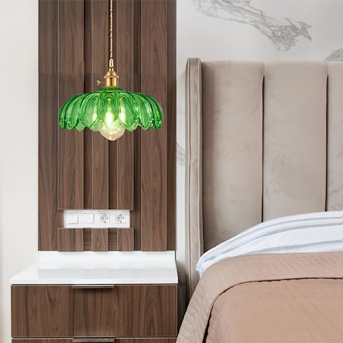 Grass Green Glass Pendant Light Fixtures Medium 9.8 Inches Lampshade Gold Brass Finish and Switch Vintage Pendant Ceiling Lamp Copper Pendant Lighting