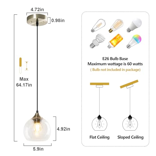 Clear Glass Pendant Lights Kitchen Island Lighting Globe Pendant Light Fixtures Modern Pendant Lighting for Kitchen Island Bedroom Living Dining Room Light Fixture (2 Count)