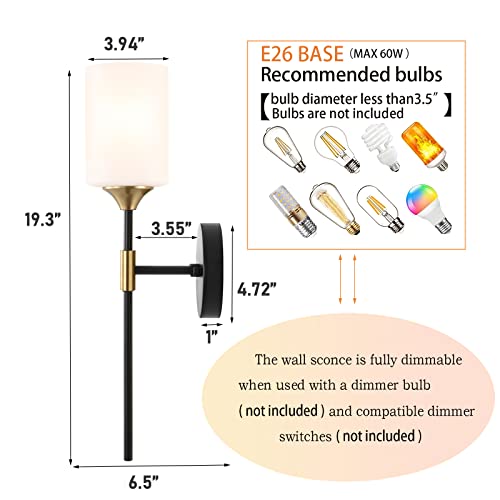 Industrial Mid Century Wall Sconce Set of 2 with White Cylinder Glass Shades Modern Bathroom Vanity Wall Lamp Black and Gold Finished Wall Light Fixture (2 Count)