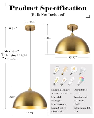 Gold Pendant Lights Kitchen Island 2 Pack