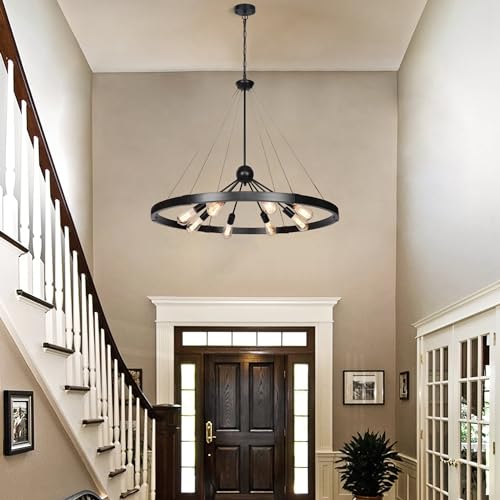 38.2'' Large Black Wagon Wheel Chandelier for Dining Room