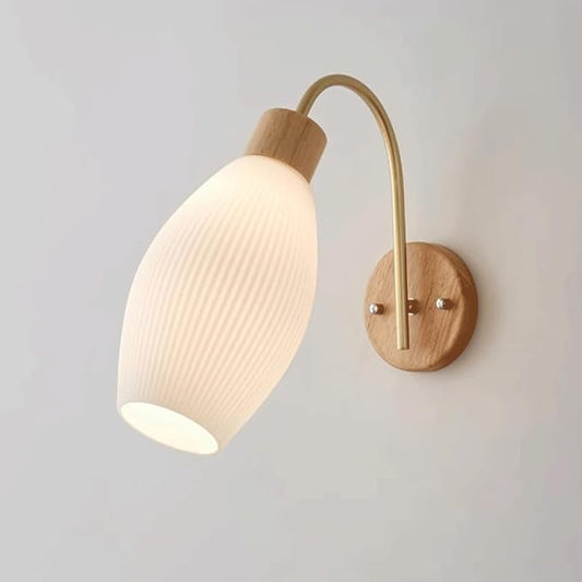 Modern Wood Wall Sconce Drum Shape White Glass Wall Light Nordic Bedside Wall Lamp, Gold Pole, Japanese Style Wabi Sabi Stripe Glass Art Decor Lighting Fixture for Bedroom Dinning Room