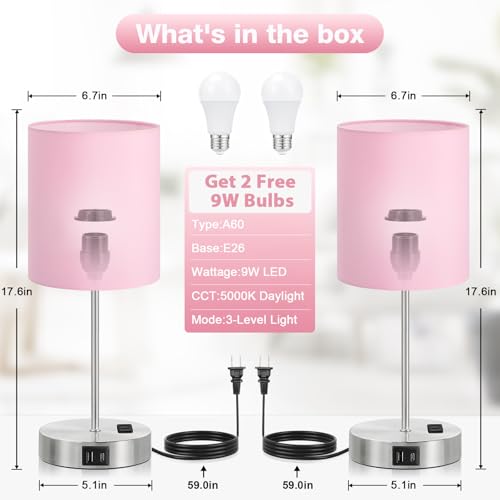 17.6" Pink Touch Lamps for Bedroom Set of 2 (2 Count)