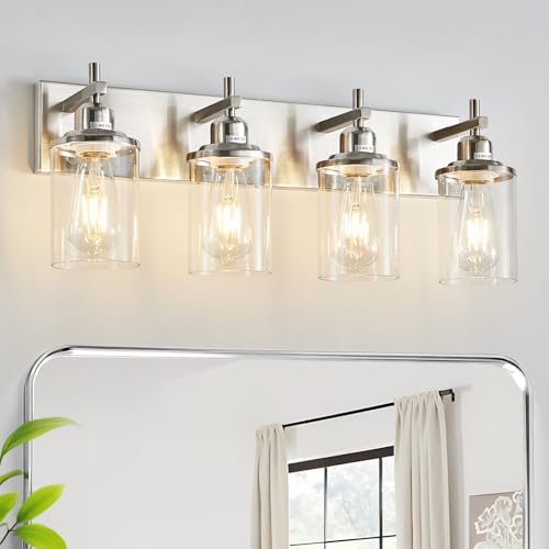 4 Light Brushed Nickel Bathroom Light Fixture Over Mirror Modern Bathroom Vanity Light Vintage Wall Lighting with Clear Glass Shade for Bathroom