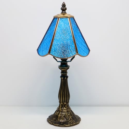 Small Tiffany Table Lamp Yellow Rippled Stained Glass Desk Lamps 6X6X14 Inch Bronze Resin Base Antique Mini Accent Light