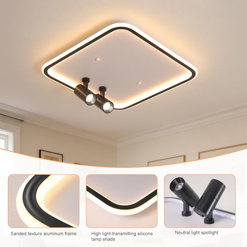 Modern Square LED Flush Mount Ceiling Light with 2 Spotlights